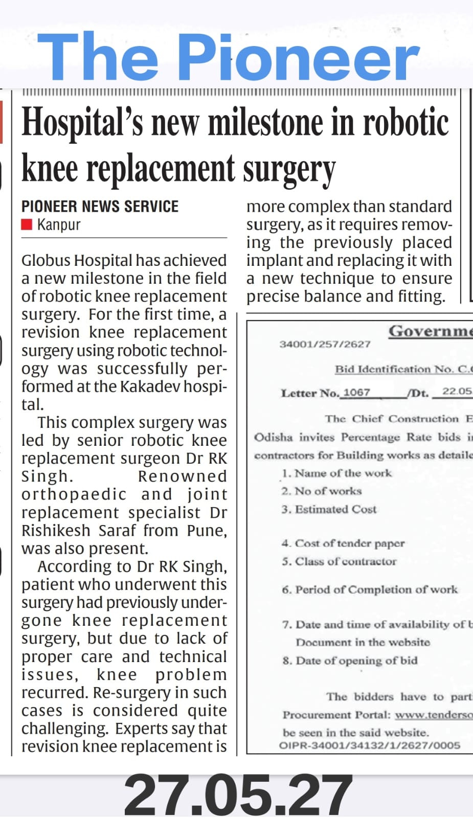 The Pioneer newspaper coverage of robotic knee replacement at Globus Hospital